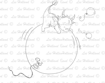 Dragon on birthday balloon, Card Making, Digital Stamp, Digi, Cute, Stamp