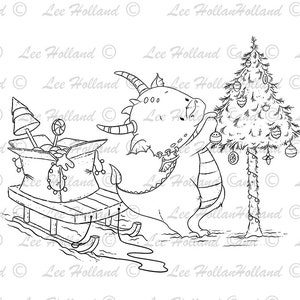 Dragon décorant sapin de Noël, Coloriage, Fabrication de cartes, Timbre, Digi, Timbre numérique mignon