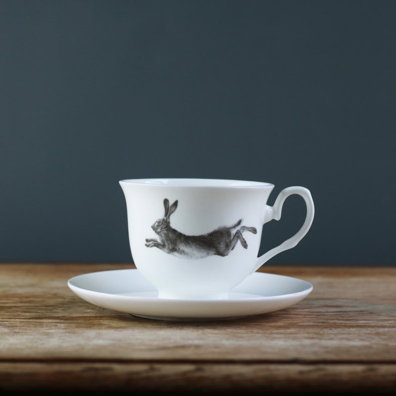 Running Hare Fine Bone China Teacup and Saucer image 1