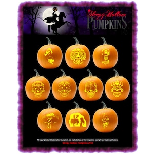 Könnte beinhalten: Neun orangefarbene Kürbisse mit verschiedenen Halloween-Schnitzereien. Die Kürbisse sind in drei Reihen zu je drei angeordnet. Die Schnitzereien umfassen einen Schädel, ein Skelett, ein Gespenst, eine Hexe, einen Vampir, einen Werwolf, einen Zombie, ein Monster und einen Kürbis. Der Text "Sleepy Hollow Pumpkins 2018" befindet sich am unteren Rand des Bildes.