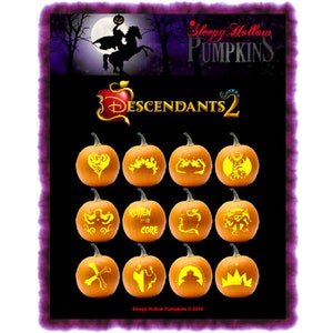 May include: A set of 12 pumpkin carving stencils featuring characters from the Disney movie Descendants 2. The stencils are printed on white paper and show various characters from the movie, including Mal, Evie, Carlos, Jay, Uma, Harry, and Gil. The stencils are designed to be used with a pumpkin carving kit.