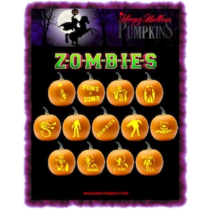 May include: A collection of 12 orange pumpkins with various zombie-themed carvings. The pumpkins are arranged in a grid pattern on a black background. The text "Sleepy Hollow Pumpkins" and "Z-O-M-B-I-E-S" is displayed above the pumpkins.