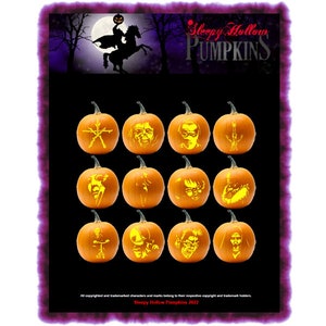 May include: Twelve orange pumpkins carved with different designs inspired by the movie Sleepy Hollow. The pumpkins are arranged in a grid of three rows and four columns. The text "Sleepy Hollow Pumpkins" is at the top of the image.