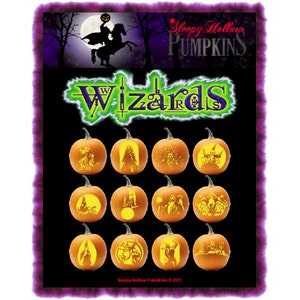 May include: A set of 12 pumpkin carving stencils featuring characters from the Wizard of Oz. The stencils are printed on a black background with the text "Sleepy Hollow Pumpkins" and "Wizards" in green and white.
