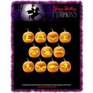 May include: Ten orange pumpkins carved with various designs, including the letter "E", the word "Eagles", and a football helmet. The pumpkins are arranged in three rows on a black background. The text "Sleepy Hollow Pumpkins" is at the top of the image.