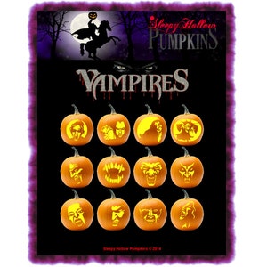 May include: A set of 12 pumpkin carving stencils featuring vampire faces. The stencils are printed on a white background and are ready to be used for carving pumpkins. The stencils are arranged in a grid pattern and are labeled "Vampires".