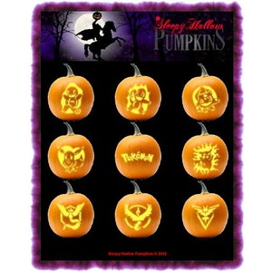 May include: Nine orange pumpkins carved with different Pokemon characters, including Pikachu, Charmander, Squirtle, and more. The pumpkins are arranged in a grid on a black background. The text "Sleepy Hollow Pumpkins" is at the top of the image.