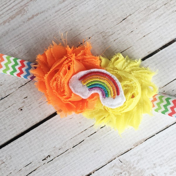 Rainbow Headband - Rainbow Chevron Print Elastic Headband - Orange Flower and Yellow Shabby Flower Head Band - Girls Headband -