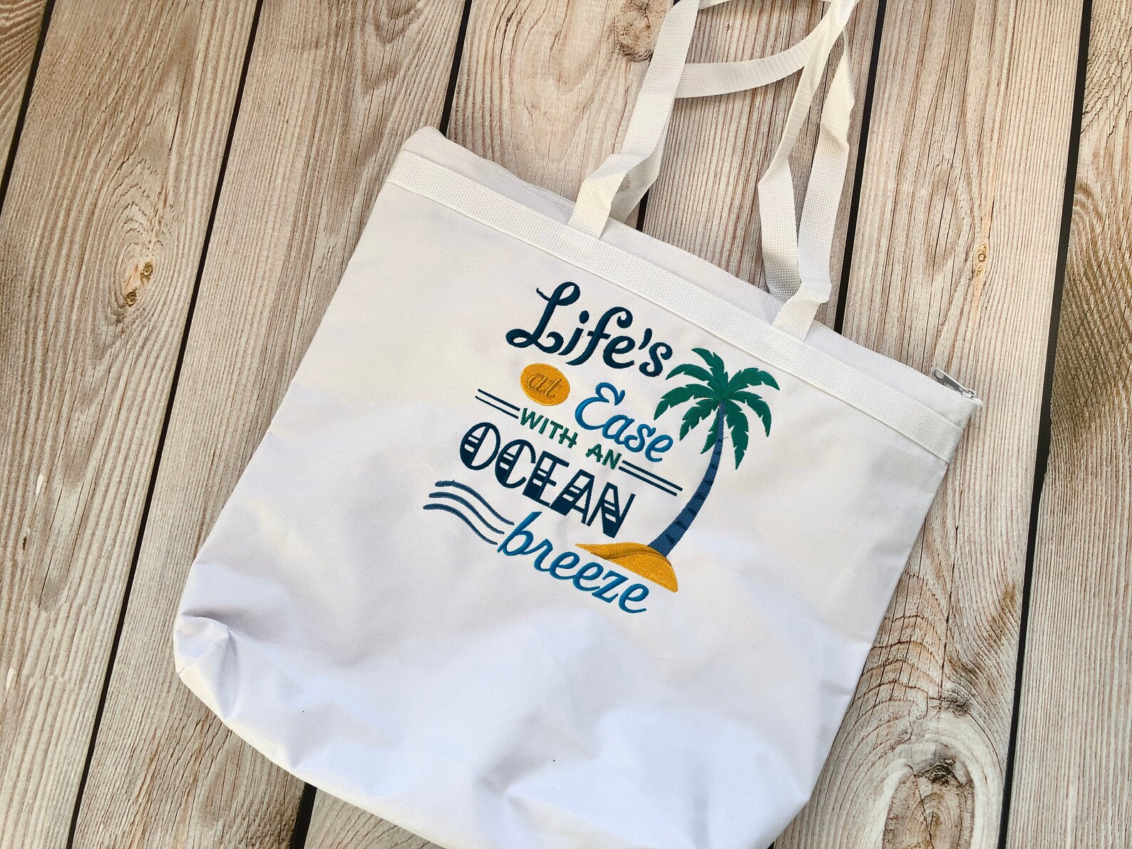 Embroidered Beach Bag Large Tote Bag with Zipper Etsy