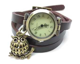 Vintage Leather watch Bracelet Watch three laps wrist watch Wrap Watch OWL charm