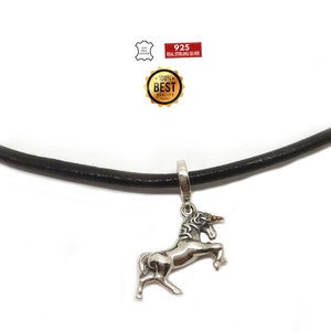 Leather cord necklace 3mm and 925 sterling silver - unicorn