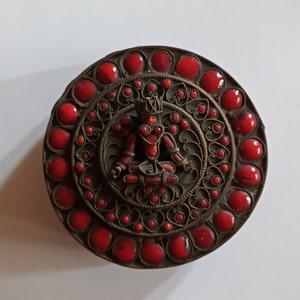 Antique prayer jewelry box made of brass and coral, size 3.5 x 1.5 inches from Tibet Himalayas