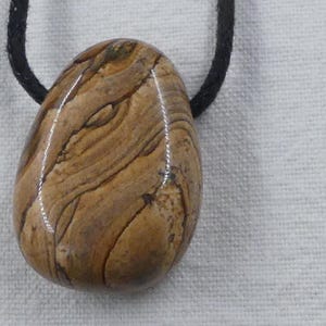Pode incluir: Um pingente de pedra marrom e bege com um padr&atilde;o de redemoinho, pendurado em um cord&atilde;o preto.