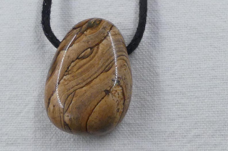 Pode incluir: Um pingente de pedra marrom e bege com um padr&atilde;o de redemoinho, pendurado em um cord&atilde;o preto.