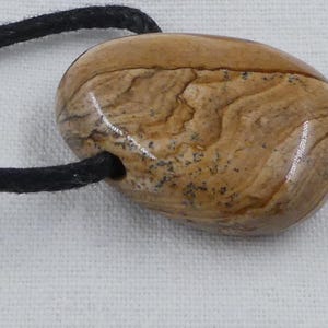 Pode incluir: Um pingente de pedra marrom e bege com um cord&atilde;o preto. A pedra tem um padr&atilde;o de redemoinho e &eacute; lisa e polida.