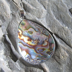 Può includere: Un ciondolo a forma di lacrima realizzato in conchiglia di abalone iridescente con un'anellina in argento. La conchiglia presenta una varietà di colori, tra cui blu, verde, viola e marrone.