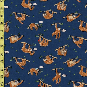Japanese Novelty - Sloths Hanging from Branches - Cotton-Linen - Dark Blue - AP02404-2E - By the Half Yard