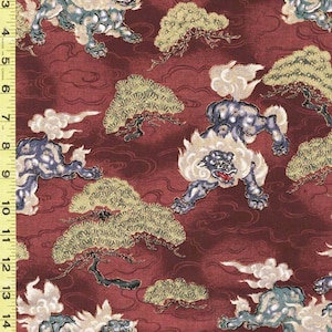 SALE - Japanese - Naka Foo Dogs & Japanese Pines - N-2700-10B - Maroon - SAVE 20% - By the Yard