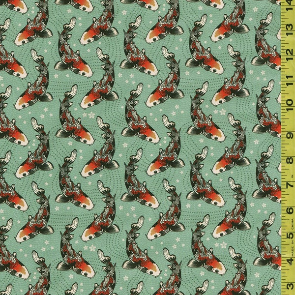 Asian - Kimonos, Koi & Dragons - Small Colorful Koi and Wavey Dots - 120-4337 - Teal - By the Half Yard