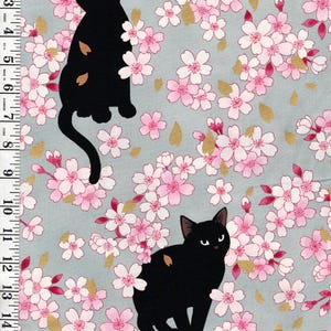 Quilt Gate - Neko Black Cats & Cherry Blossoms - HR3520-11C - Blue - By the Half Yard