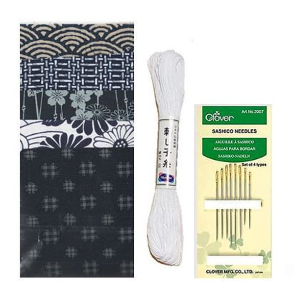 Boro Patch Kit - Japanese Traditional Cotton Fabrics, Needle & Thread - WHITE