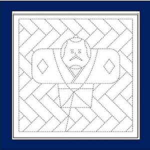 May include: A white and black line drawing of a Japanese figure with a mustache and a traditional hairstyle. The figure is set against a background of a geometric pattern. The image is framed by a dark blue border.