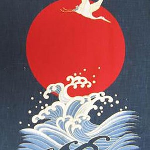 Japanese Noren Panel - Cranes, Waves & Red Sun # 21