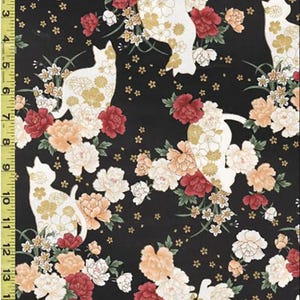 Quilt Gate - Cats, Peonies & Tiny Floating Blossoms - HR3430-11F - Black - By the Half Yard