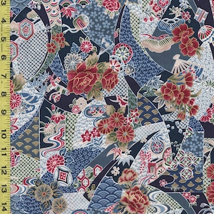 Japanese - Compact Japanese Floral Collage with Japanese Motifs - TAK TM-7701-C - Blue - By the Half Yard
