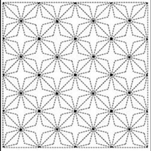 May include: A repeating pattern of black dotted lines on a white background. The design features a grid of star-like shapes, each with a central black dot and radiating lines, creating a geometric and symmetrical pattern. The overall effect is clean and minimalist.