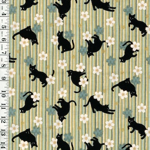 Quilt Gate - Neko Cats, Cherry Blossoms and Stripes - HR3520-12B - Mint Green & Teal - By the Half Yard