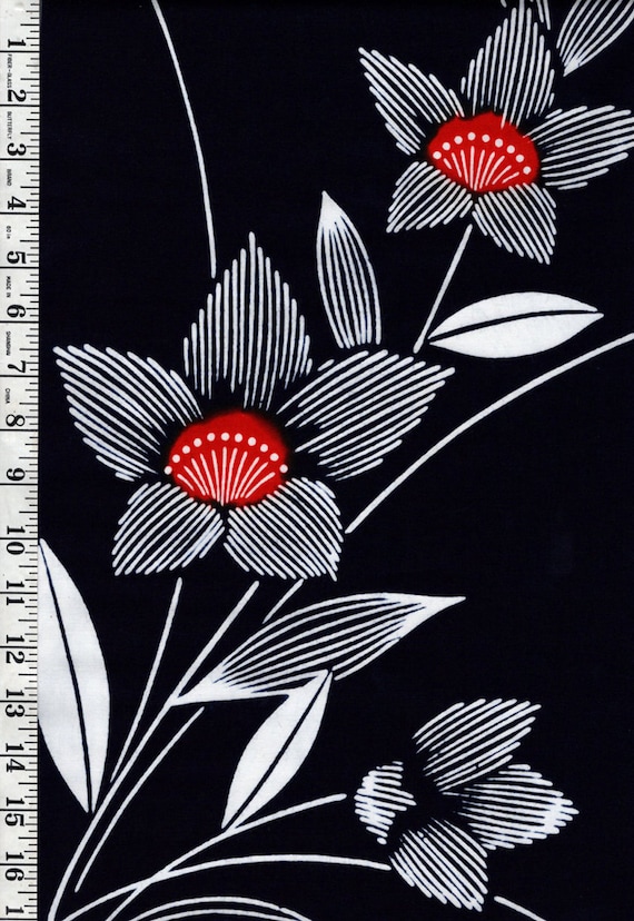 687 - Yukata Fabric - Red Center Flowers - Indigo - by the