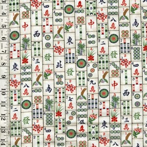 May include: A fabric with a repeating pattern of Mahjong tiles. The tiles are cream-colored with black, red, green, and gold symbols and characters. The design includes bamboo, flowers, and circles.