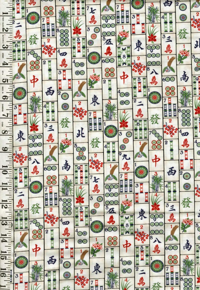 May include: A fabric with a repeating pattern of Mahjong tiles. The tiles are cream-colored with black, red, green, and gold symbols and characters. The design includes bamboo, flowers, and circles.