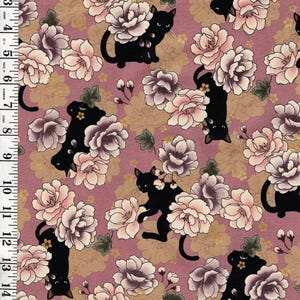 Quilt Gate - Neko MINI CATS & Peonies - HR3450-11B - ROSEY Pink - By the Half Yard