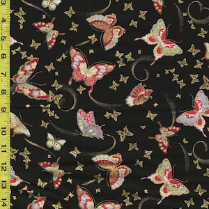 Asian - Kyoto Garden - Colorful Floating Butterflies - CM1668 - BLACK - By the Half Yard