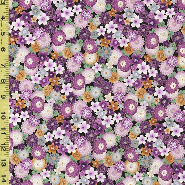 Asian - Timeless Treasures - Majestic Compact Mums & Cherry Blossoms - CM8812 - Black - By the Half Yard