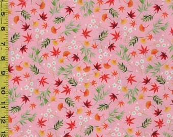 Asian - Michiko Small Floating Gingko, Maple Leaves & Cherry Blossoms - 2333-P - Pink - By the Half Yard