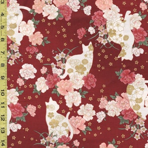 Quilt Gate - Cats, Peonies & Tiny Floating Blossoms - HR3430-11D - Dark Red - By the Half Yard