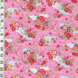 Japanese - Cosmo Small Clouds with Floral Bouquets - AP42210-1A - Pink - By the Half Yard
