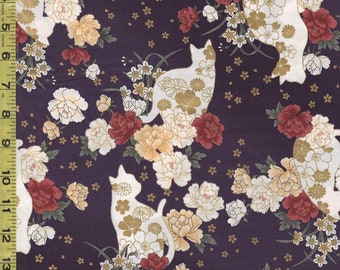 Quilt Gate - Cats, Peonies & Tiny Floating Blossoms - HR3430-11C - Purple - By the Half Yard