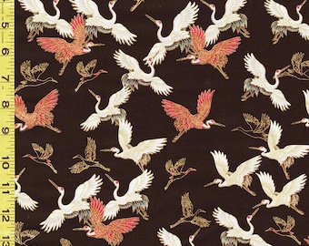 Asian - Kyoto Garden - Small Red and White Flying Cranes - CM1669 - BLACK - By the Half Yard