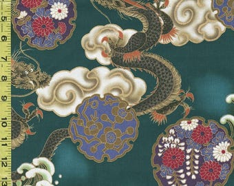 May include: Teal fabric with a repeating pattern of gold dragons, clouds, and floral motifs. The dragons are black and gold with red accents. The clouds are white with gold outlines. The flowers are red, white, and purple with gold outlines.