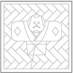May include: A black and white illustration of a Japanese figure in traditional attire. The figure is outlined with dashed lines, and the background is a geometric pattern. The figure has a mustache and a stern expression.
