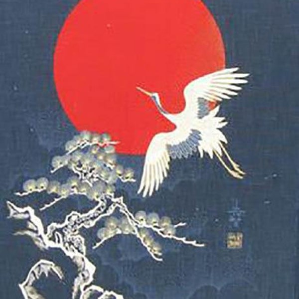 Japanese Noren Panel - Cranes, Bonsai and Red Sun # 98