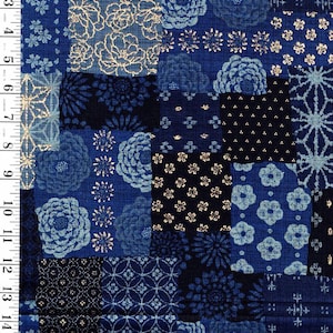 Floral Patchwork Collage with Metallic - Sevenberry Nara Homespun - SB-88501-1-4 - Navy & Blue - By the Half Yard