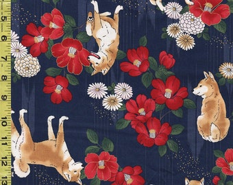 Quilt Gate - Shiba Inu & Camellias - HR3430-11E - Navy - By the Half Yard