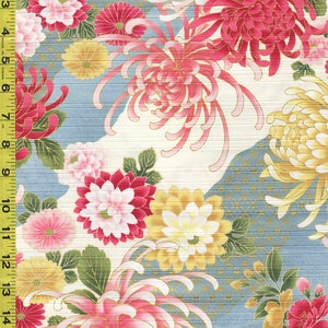 Japanese - Cosmo Chrysanthemums & Peonies - Shantung Dobby Weave - AP32703-1A - Blue - By the Half Yard