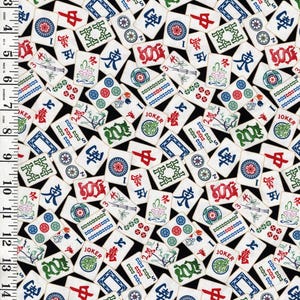 May include: Fabric with a black background covered in white Mahjong tiles. The tiles feature various symbols, numbers, and Chinese characters in red, green, and blue. The word "Joker" is also visible on some tiles.