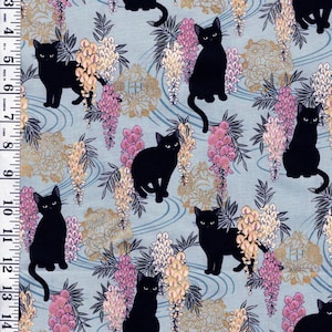 Quilt Gate - Neko MINI CATS & Wisteria - HR3450-12C - BLUE - By the Half Yard